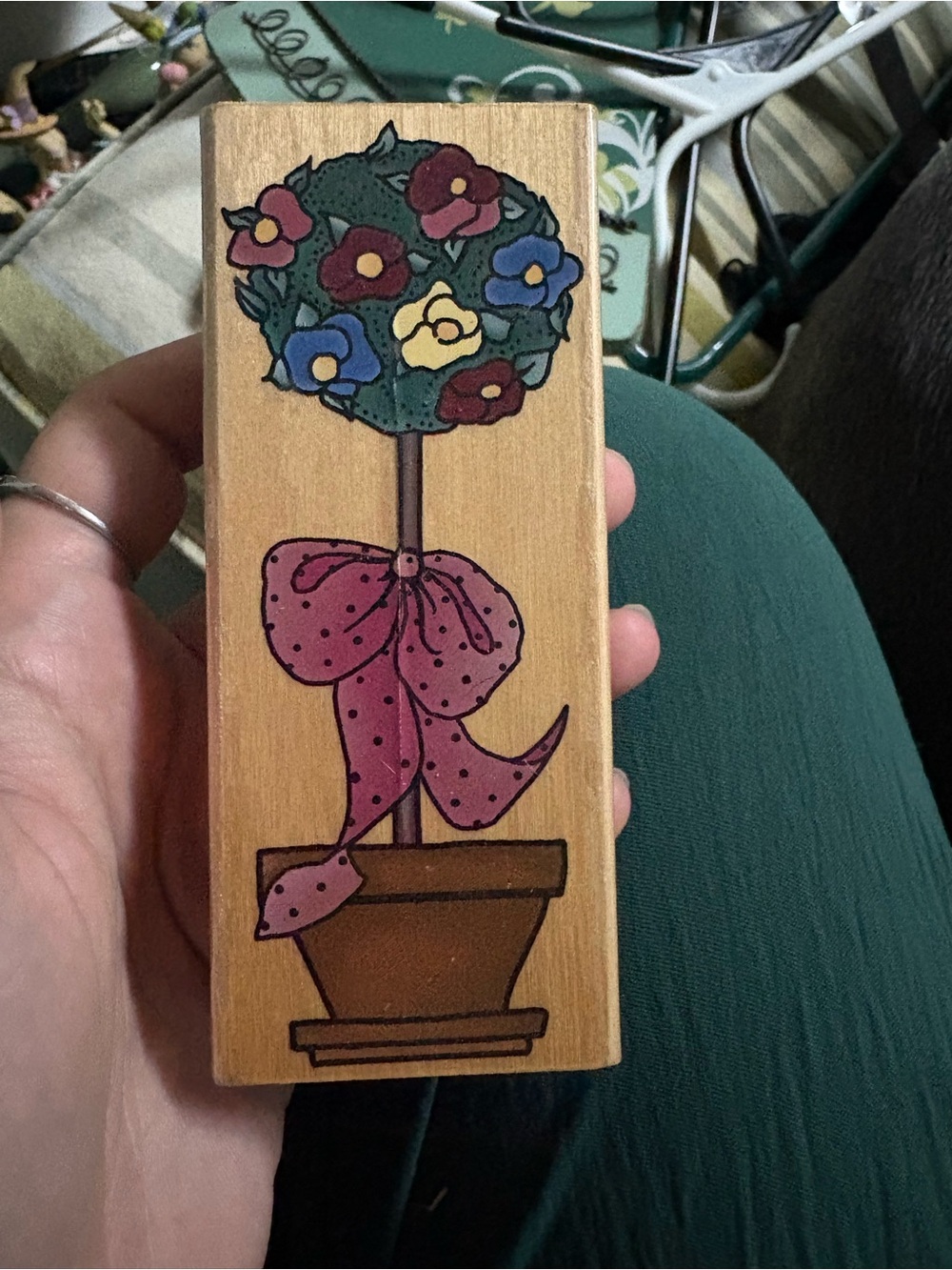Vintage Inkadinkado wood rubber stamp, floral potted plant, handmade USA.